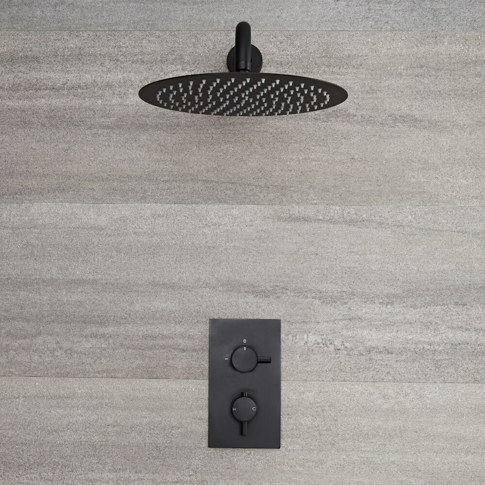 Nox 1-weg Thermostatische Douchekraan & d.30cm Ronde Douchekop Zwart
