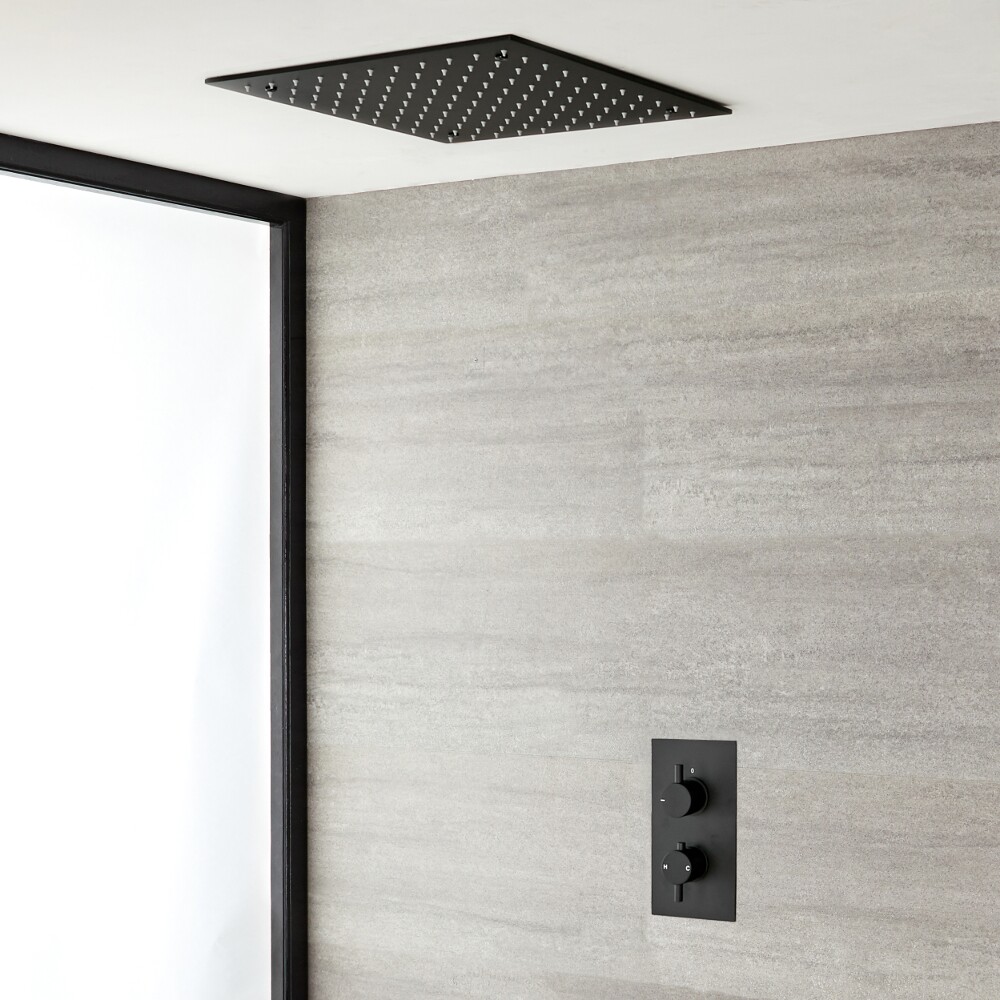 1-weg Thermostatische Inbouwdouchekraan + Verzonken Plafond Douchekop 40x40cm RVS Mat Zwart - Nox