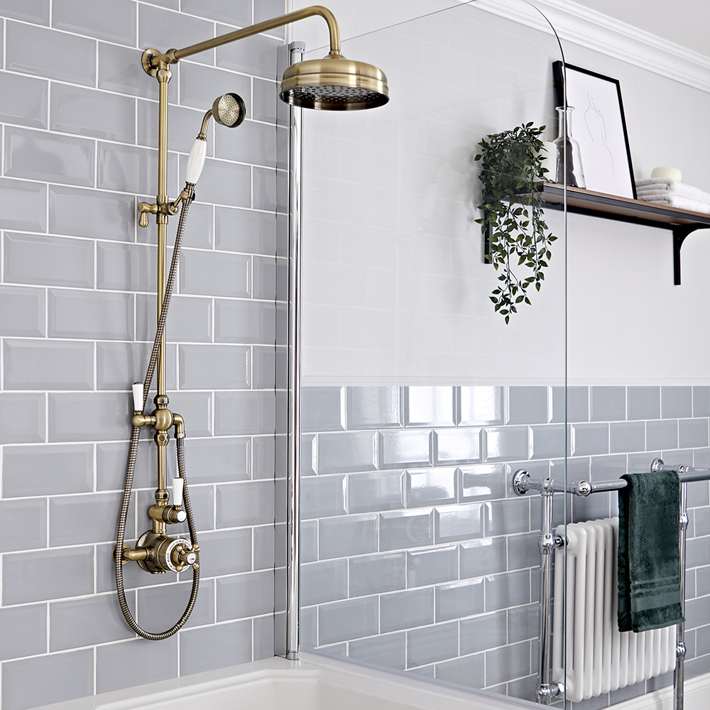 Douchekolom Klassiek Opbouw 2-Greeps 2-Weg Thermostatisch Douchekop 19cm Rond Handdouche Geborsteld Goud | Elizabeth