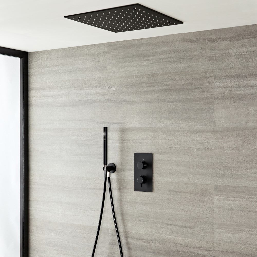 2-weg Thermostatische Inbouwdouchekraan Met Omstel + Handdouche Combi + Verzonken Plafond Douchekop 40x40cm RVS Mat Zwart - Nox