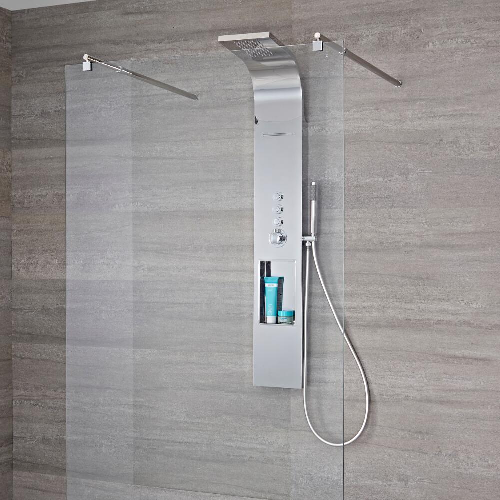Vista Chromen Thermostatisch RVS Douchepaneel 3 x Drukknop & Geintegreerde Schap Regendouchekop & Watervaljet