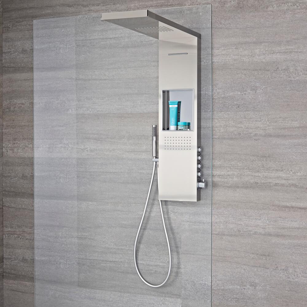 Iko Douchehemel,Thermostaatkraan 4 x Drukknop Mechanisme Geborsteld
Staal 100 x 90cm Incl. Geintegreerde Schap & Bodyjets