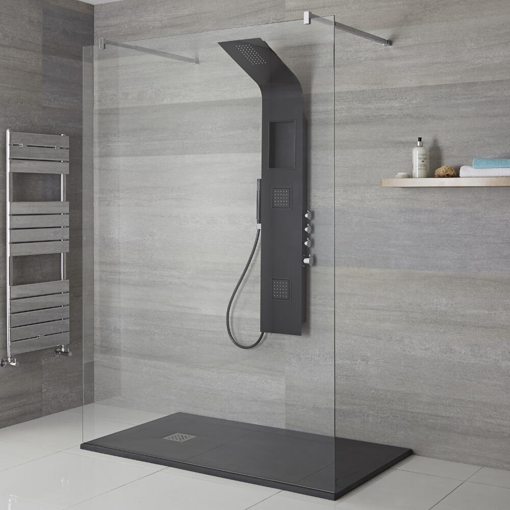 Stamford Thermostatisch Douchepaneel Zwart Alumimium Kantelbare Boydjets Regenoduche Handdouche