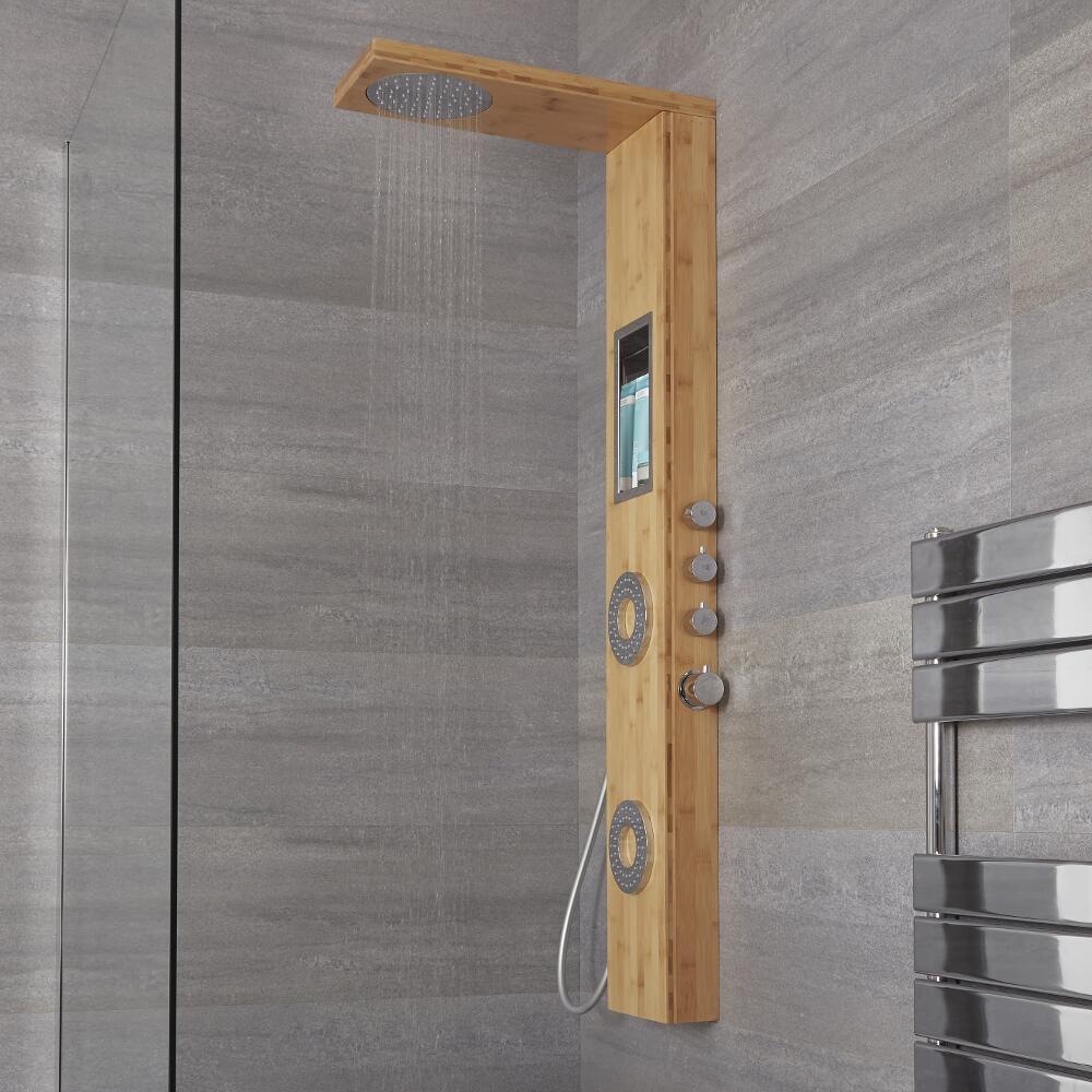 Lako Bamboe Hout Thermostatisch Douchepaneel Kantelbare Bodyjets Regendouche Handdouche