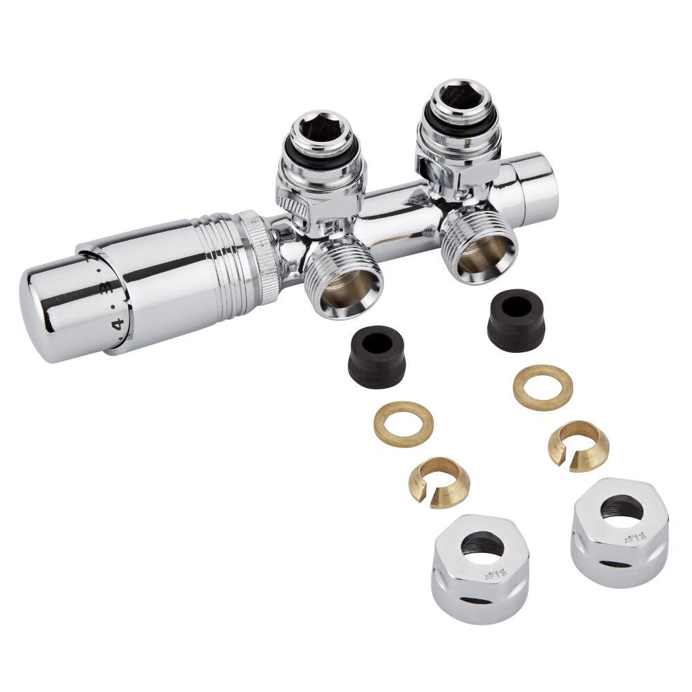 H-Blok 2-pijps Thermostatische Radiatorkraan Haaks 3/4'' Mannelijk Chroom12mm Koperen Adapter