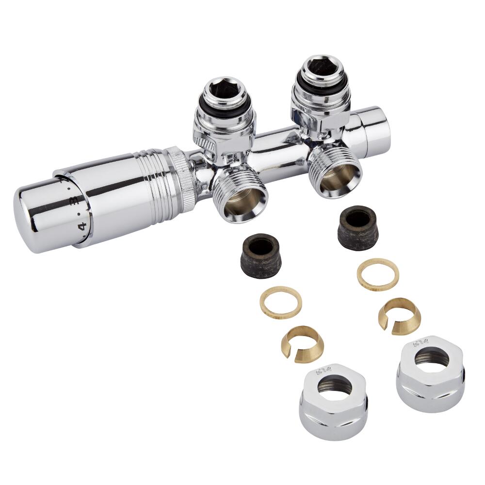 H-Blok 2-pijps Thermostatische Radiatorkraan Haaks 3/4'' Mannelijk Chroom 14mm Koperen Adapter