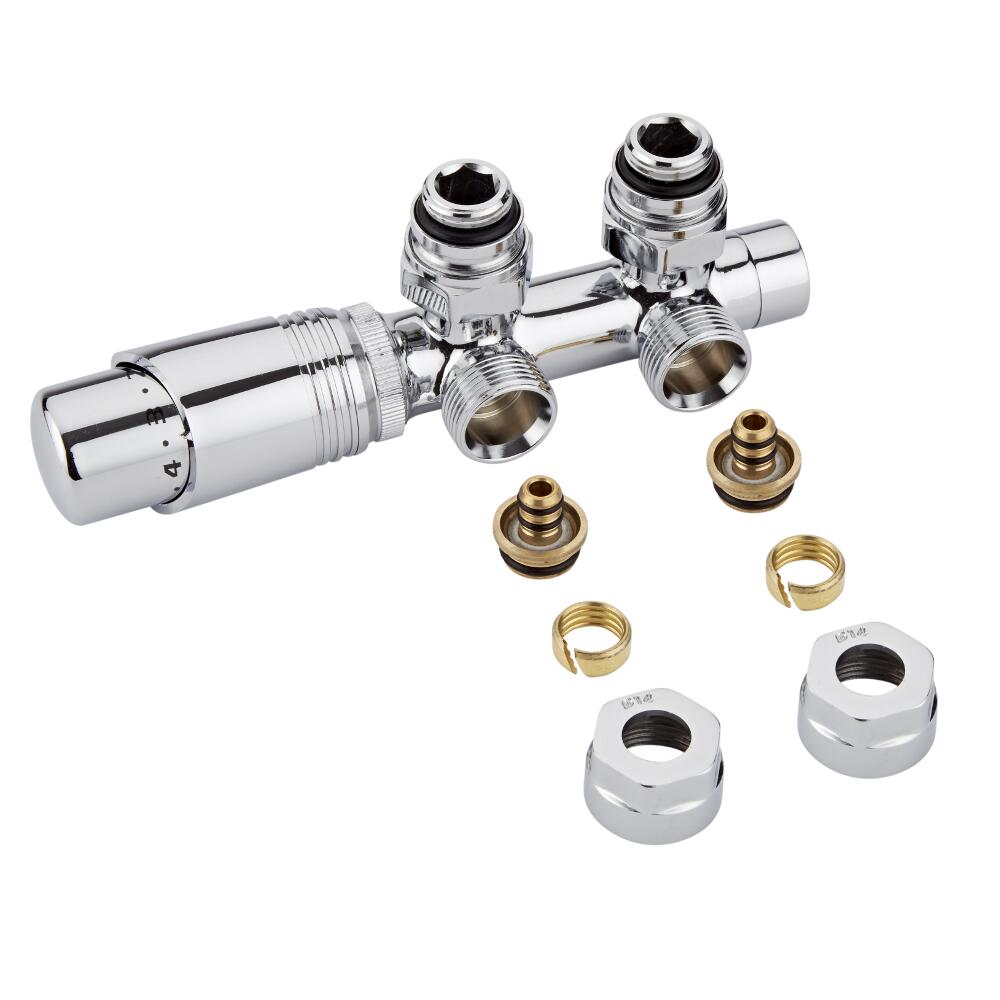 H-Blok 2-pijps Thermostatische Radiatorkraan Haaks 3/4'' Mannelijk Chroom14mm Meerlagenbuis Adapter