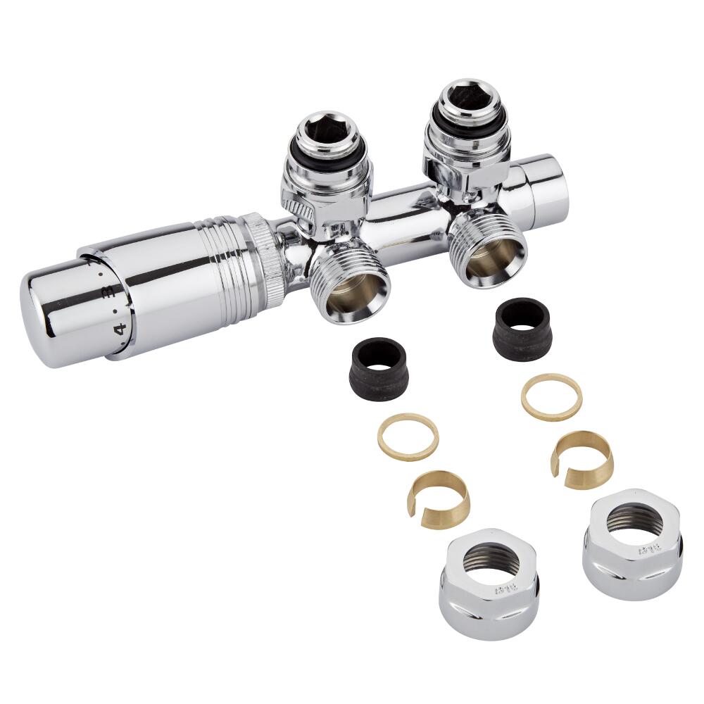 H-Blok 2-pijps Thermostatische Radiatorkraan Haaks 3/4'' Mannelijk Chroom 16mm Koperen Adapter