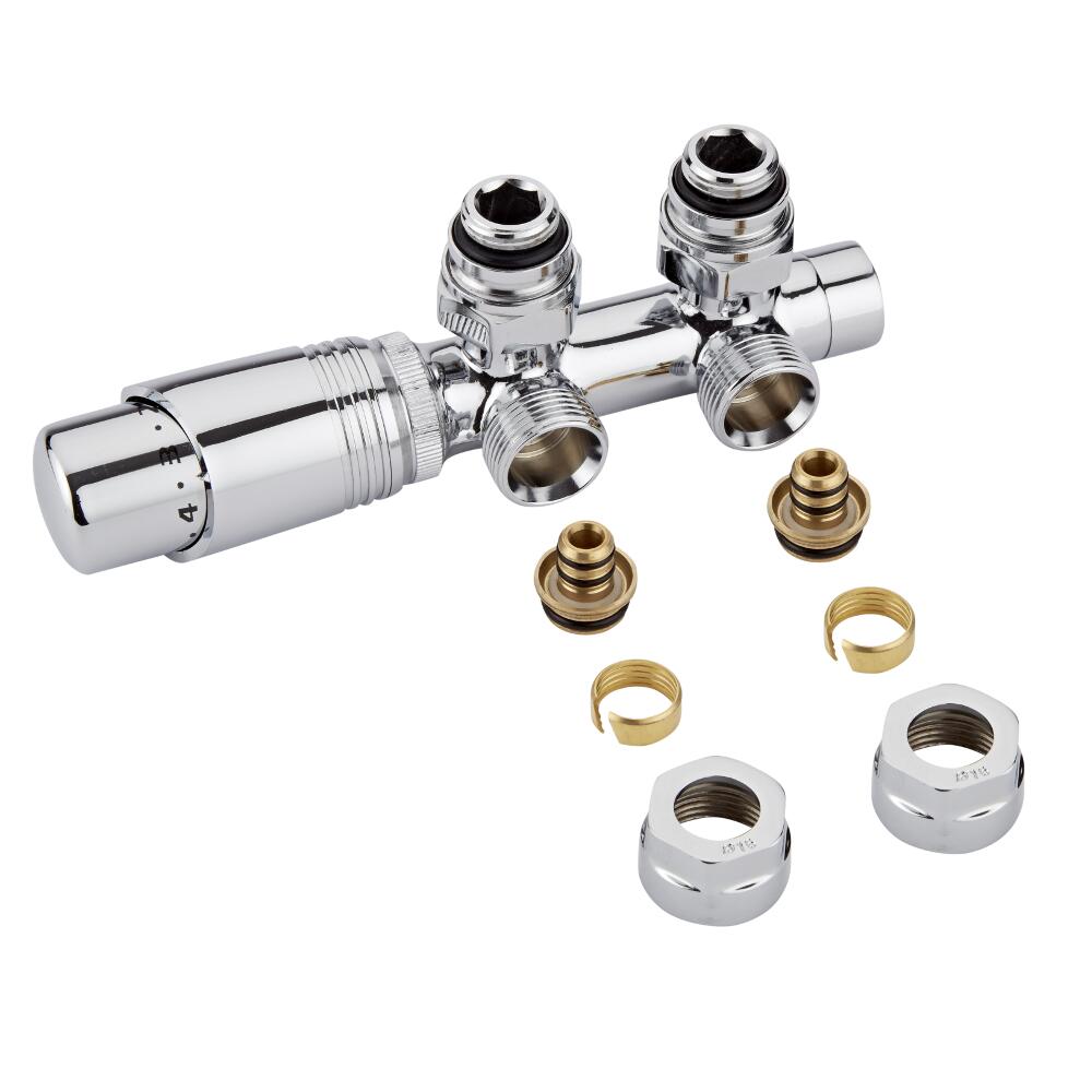 H-Blok 2-pijps Radiatorkraan Haaks 3/4'' Mannelijk Chroom 16mm Meerlagenbuis Adapter