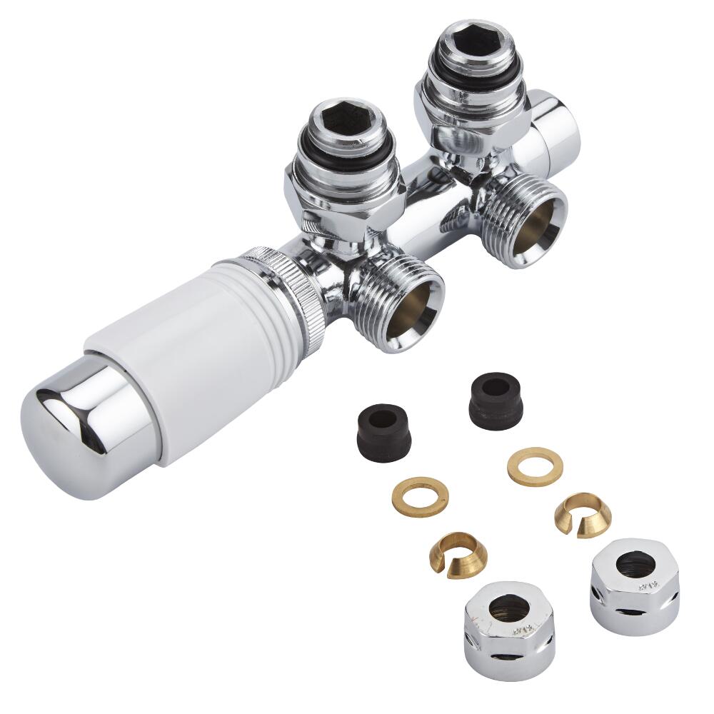 H-Blok 2-pijps Thermostatische Radiatorkraan Haaks 3/4'' Mannelijk Chroom/Wit 12mm Koperen Adapter
