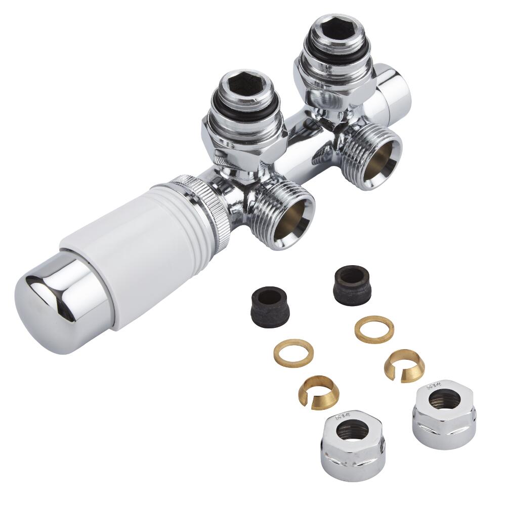 H-Blok 2-pijps Thermostatische Radiatorkraan Haaks 3/4'' Mannelijk Chroom/Wit 14mm Koperen Adapter