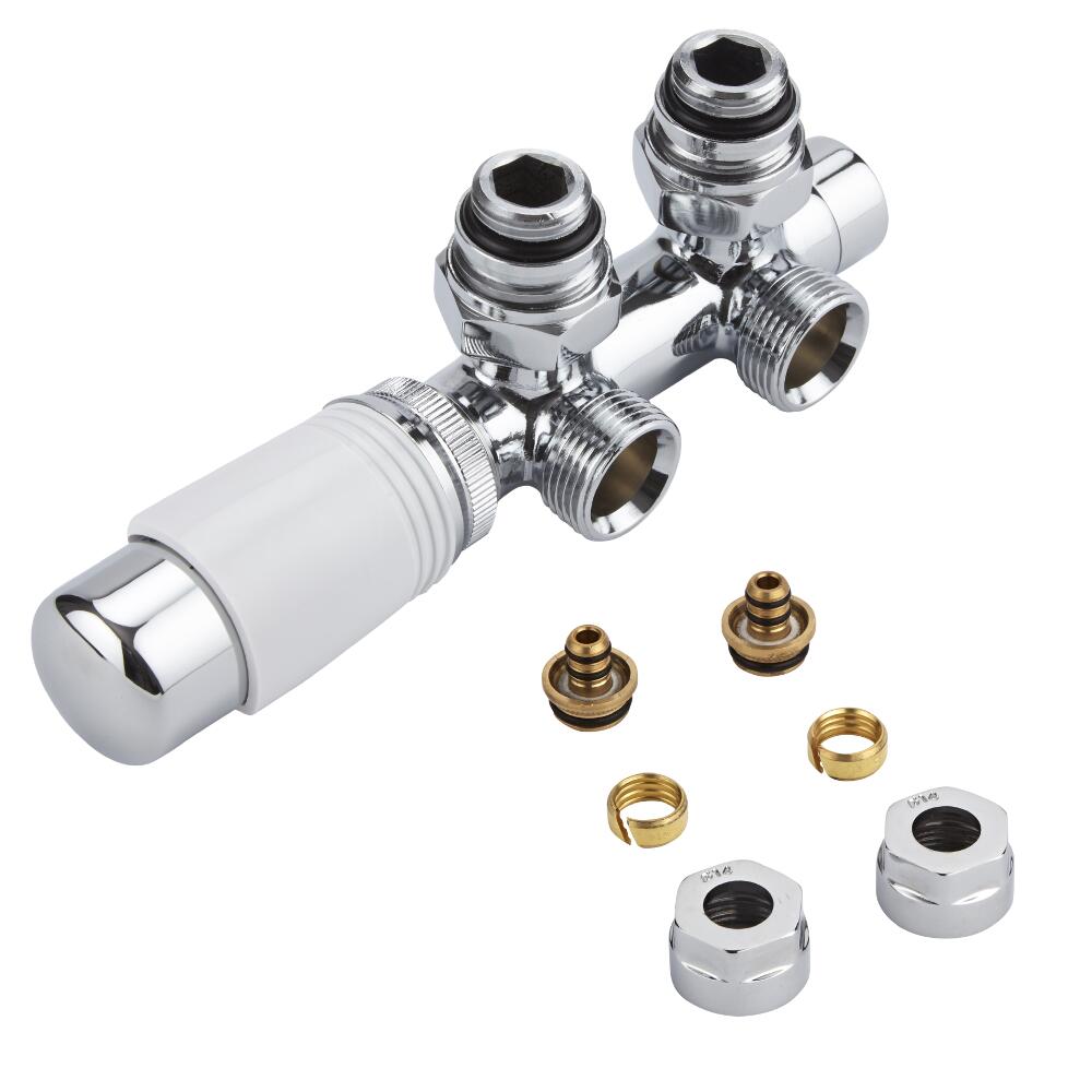 H-Blok 2-pijps Thermostatische Radiatorkraan Haaks 3/4'' Mannelijk Chroom/Wit 14mm Meerlagenbuis Adapter