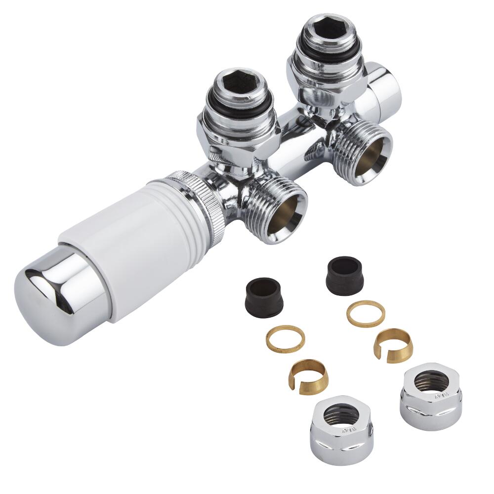 H-Blok 2-pijps Thermostatische Radiatorkraan Haaks 3/4'' Mannelijk Chroom/Wit 16mm Koperen Adapter