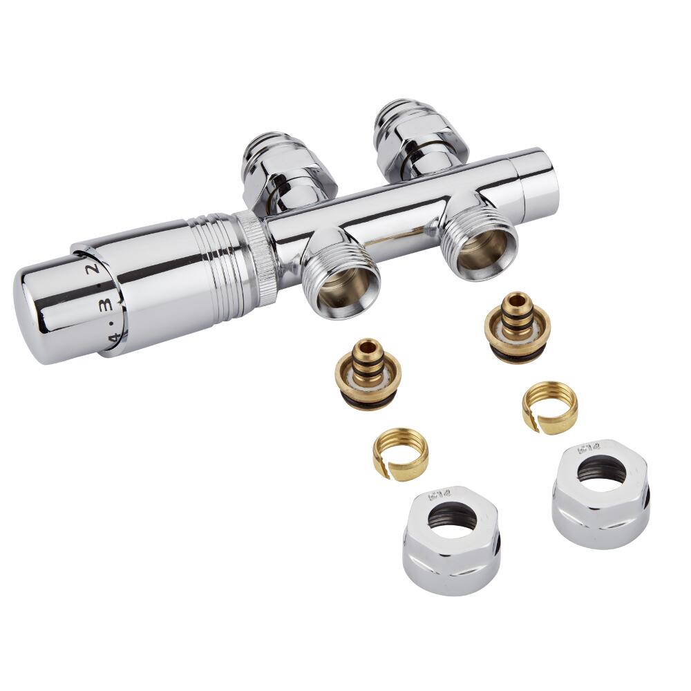 H-Blok 2-pijps Thermostatische Radiatorkraan Recht 3/4'' Mannelijk Chroom 14mm Meerlagenbuis Adapter