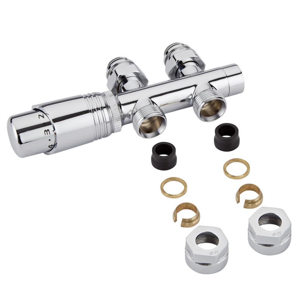 H-Blok 2-pijps Thermostatische Radiatorkraan Recht 3/4'' Mannelijk Chroom 15mm Koperen Adapter