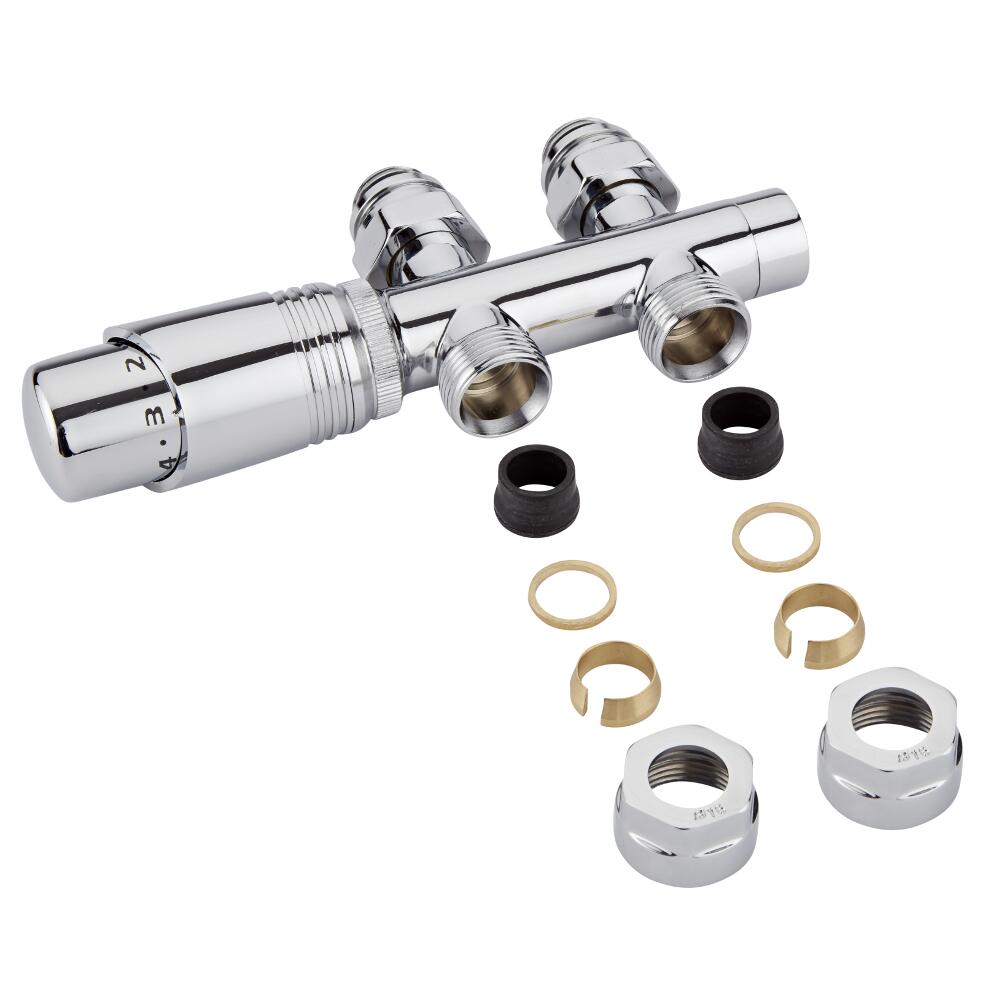 H-Blok 2-pijps Thermostatische Radiatorkraan Recht 3/4'' Mannelijk Chroom 16mm Koperen Adapter