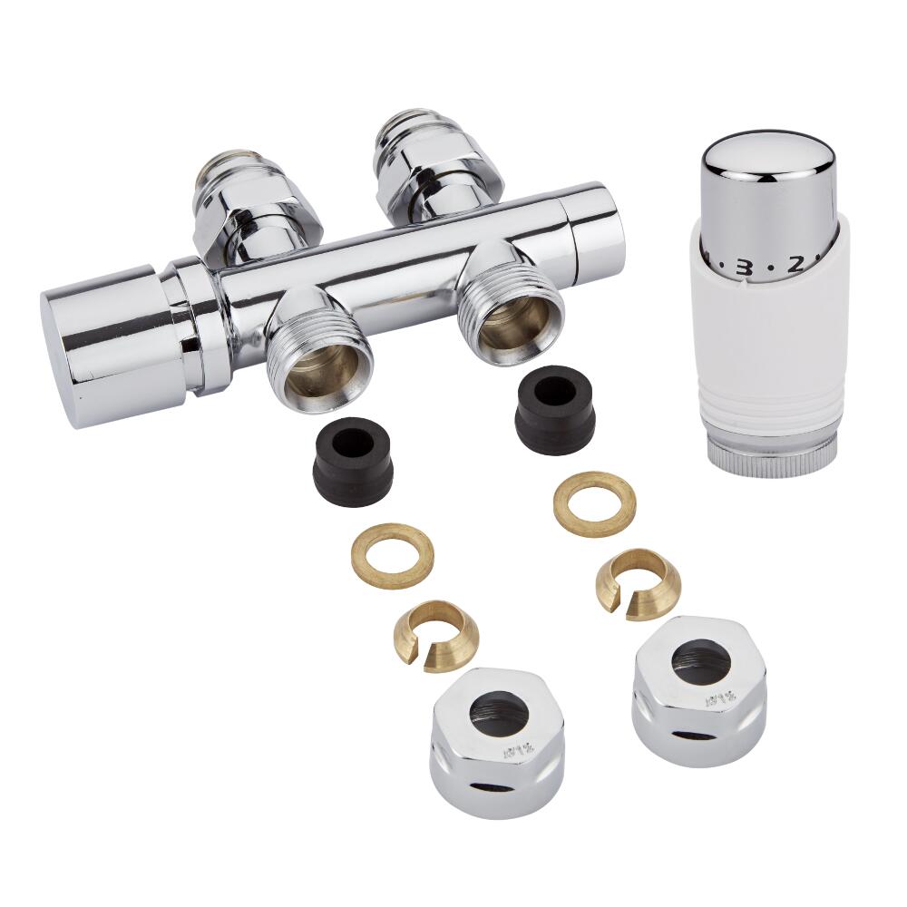 H-Blok 2-pijps Thermostatische Radiatorkraan Recht 3/4'' Mannelijk Wit 12mm Koperen Adapter