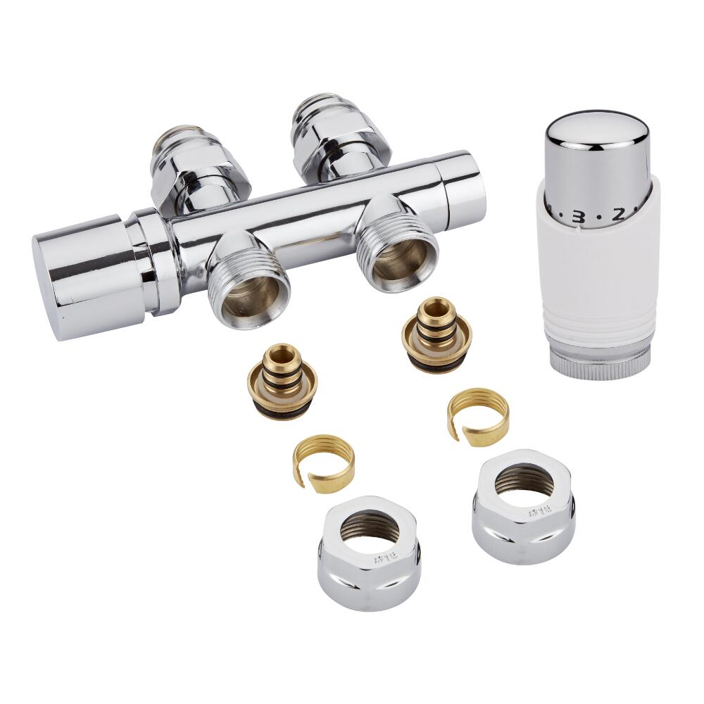 H-Blok 2-pijps Thermostatische Radiatorkraan Recht 3/4'' Mannelijk Wit 16mm Meerlagenbuis Adapter