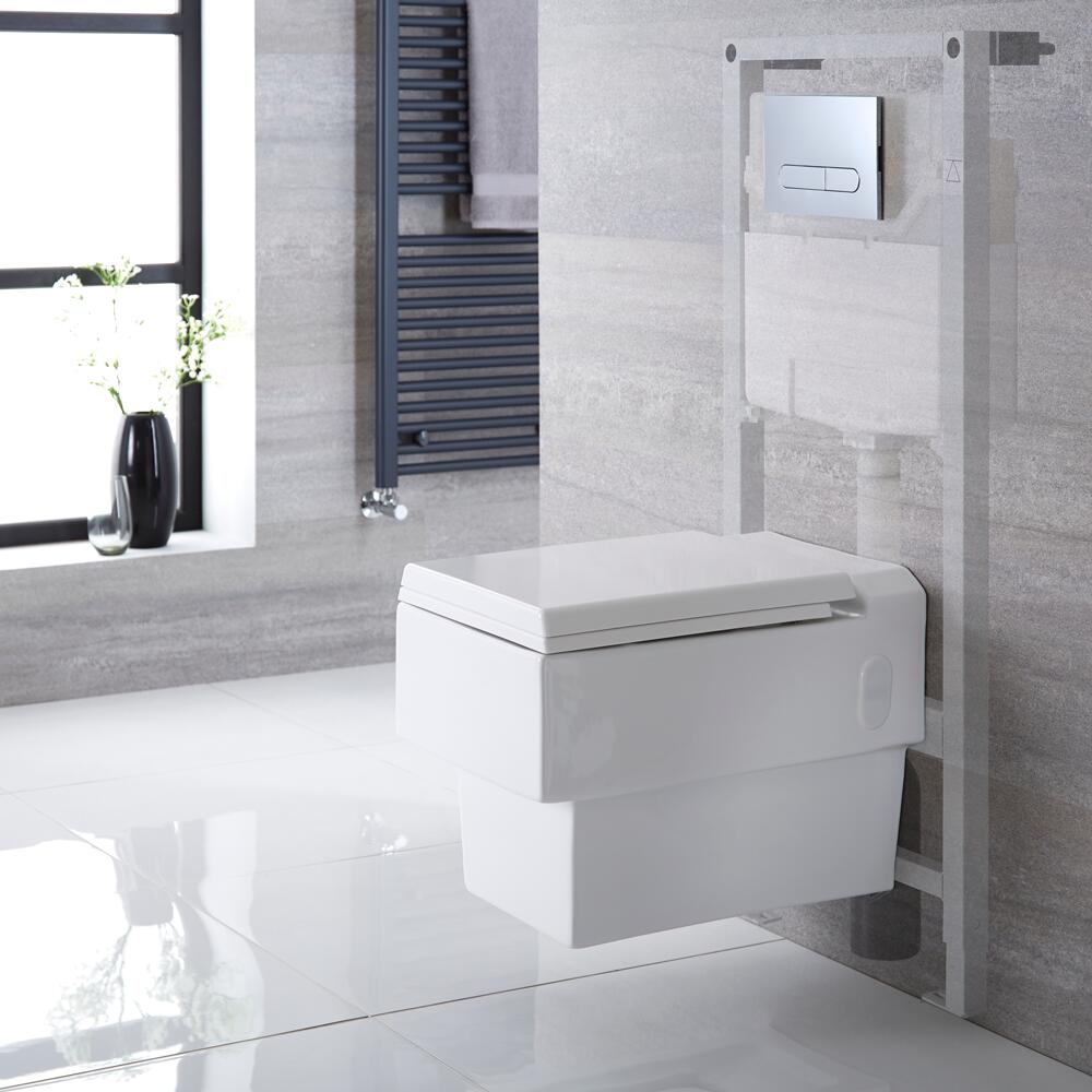 Haldon Hangend Keramiek Toilet Vierkant incl Inbouwreservoir ( Large) en Keuze Spoelknop