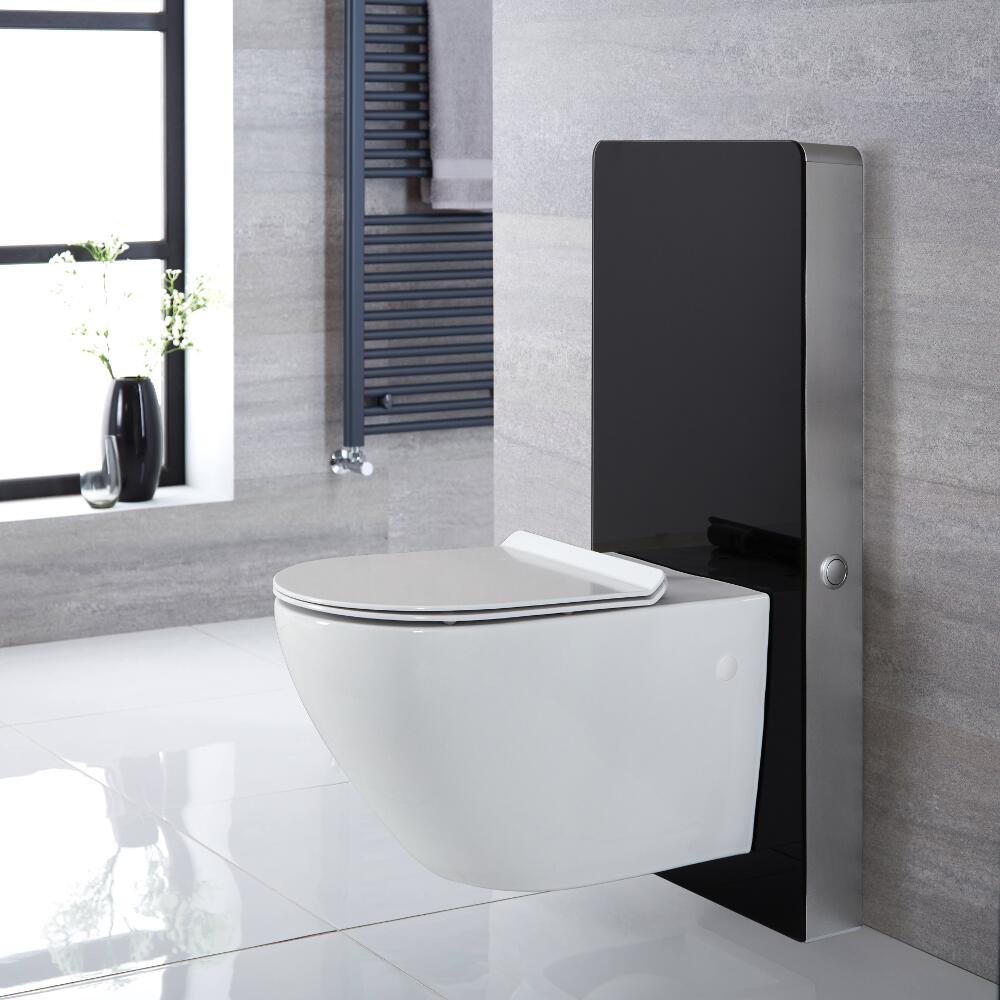 Hangend Randloos Toilet | Otterton en Stortbak Ombouw Touch-free Bedieningspaneel Zwart 50cm | Saru