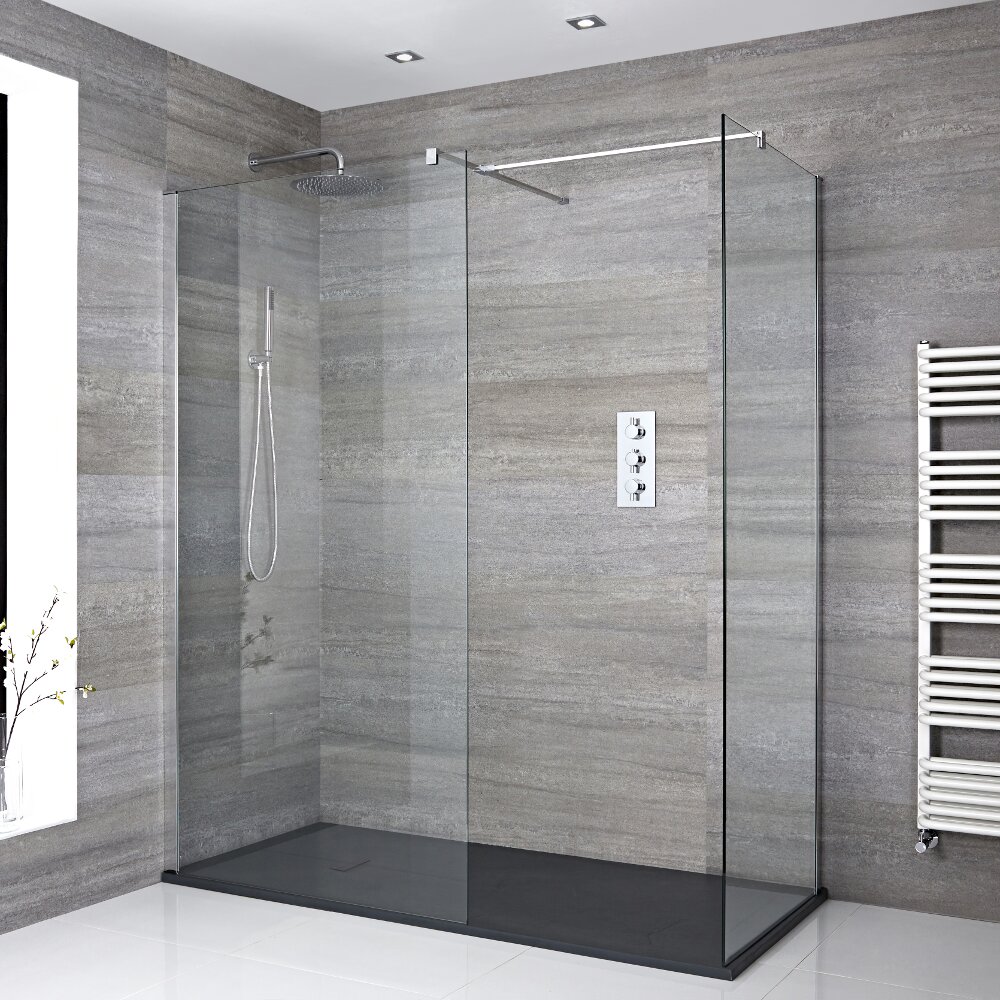 2-delig Inloopdouche Chroom Stabilisatiestang & T-stuk Kunststenen Douchebak 170 x 90cm