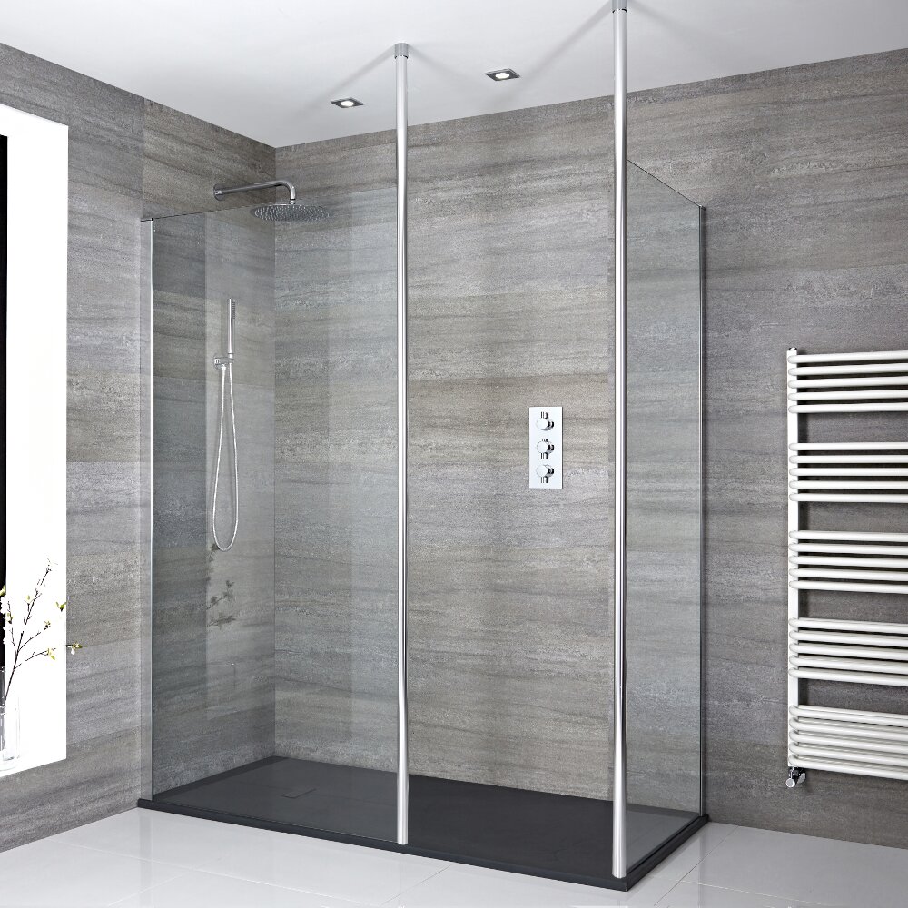 2 - delige Inloopdouche Combi Chroom Bevestigingspaal & Kunststenen Douchebak 170 x 80cm