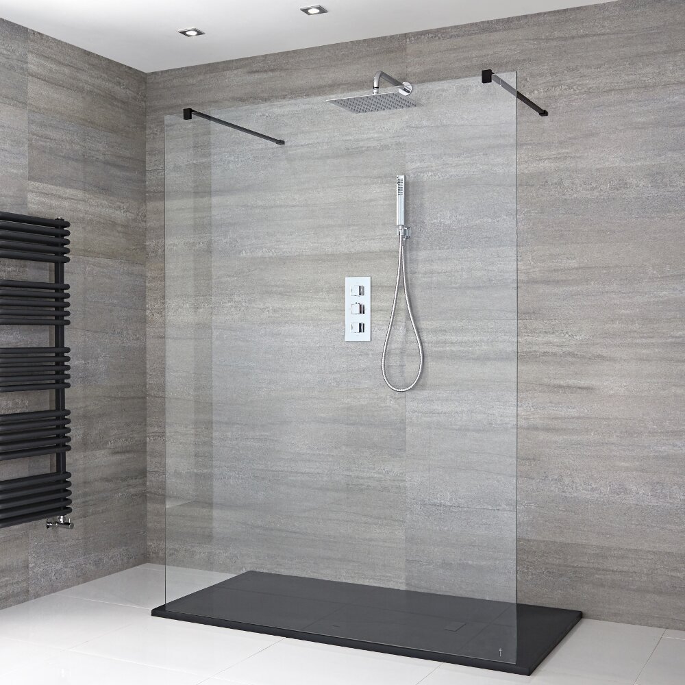Douchewand met 2 Stabilisatiestangen Zwart & Kunststenen Douchebak 140 x 90cm