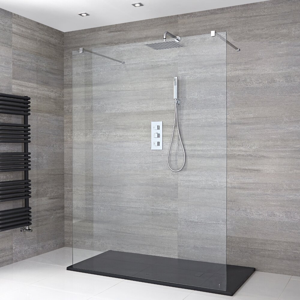 Douchewand met 2 Stabilisatiestangen Chroom & Kunststenen Douchebak 120 x 80cm