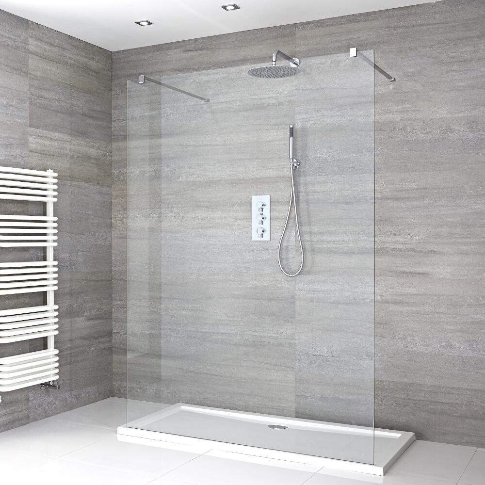 Douchewand met 2 Stabilisatiestangen Chroom & Pearlstone Douchebak 120 x 90cm