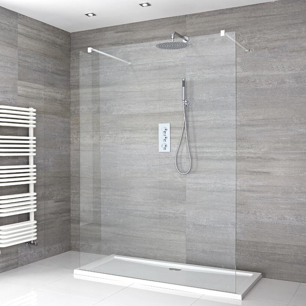 Douchewand met 2 Stabilisatiestangen Wit & Pearlstone Douchebak 120 x 90cm