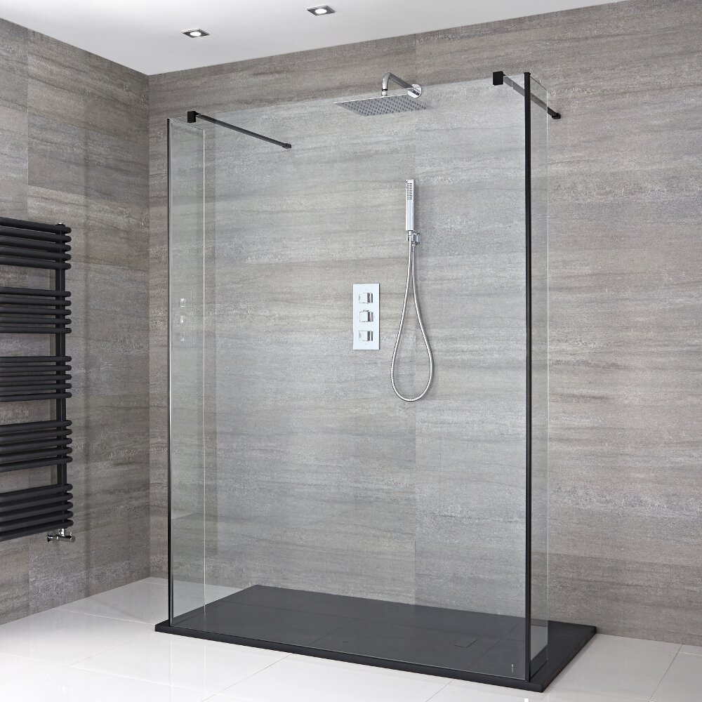 3-delige Inloopdouche Combi 2 Stabilisatiestangen Zwart & Kunststenen Douchebak 140 x 80cm