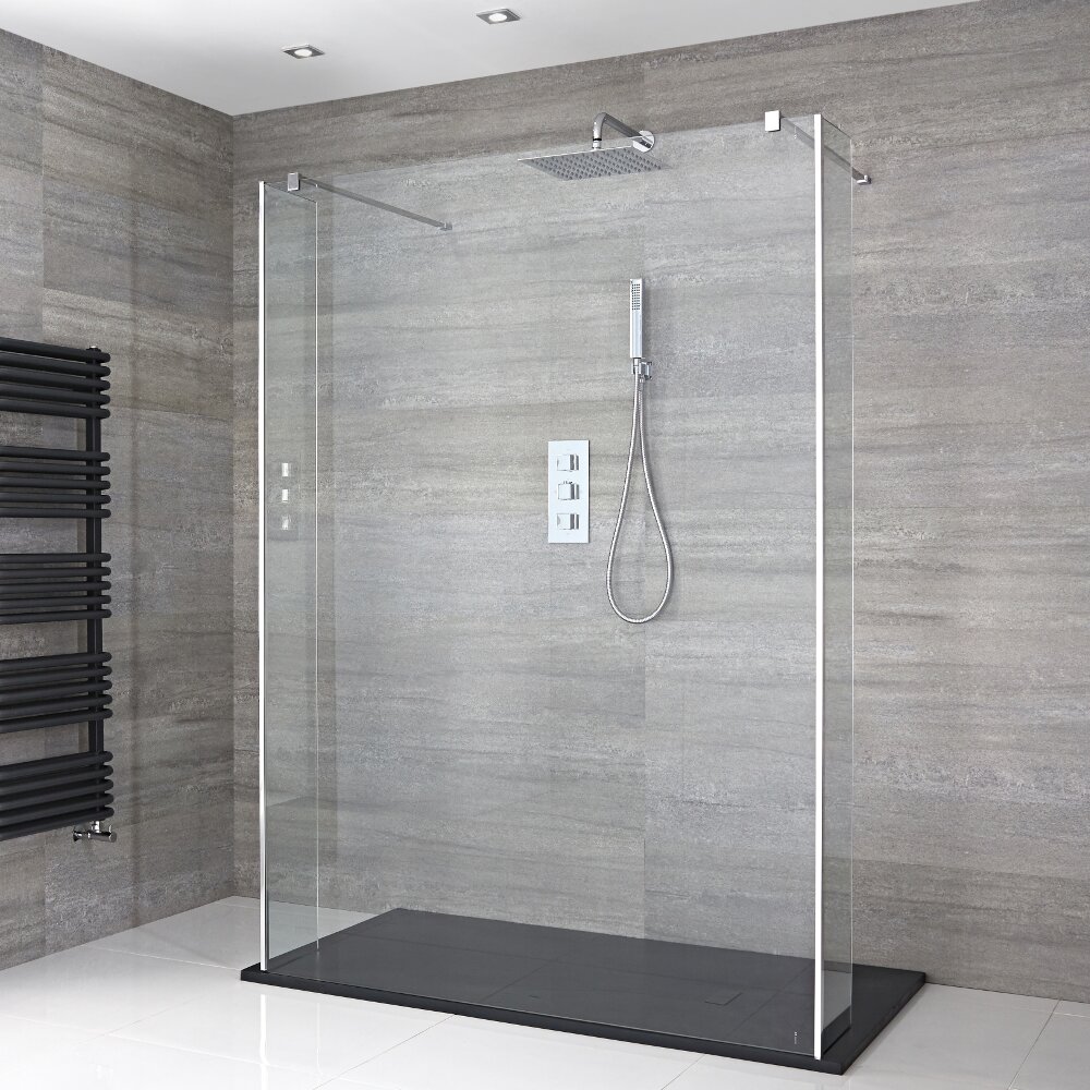 3-delige Inloopdouche Combi 2 Stabilisatiestangen Chroom & Kunststenen Douchebak 140 x 80cm