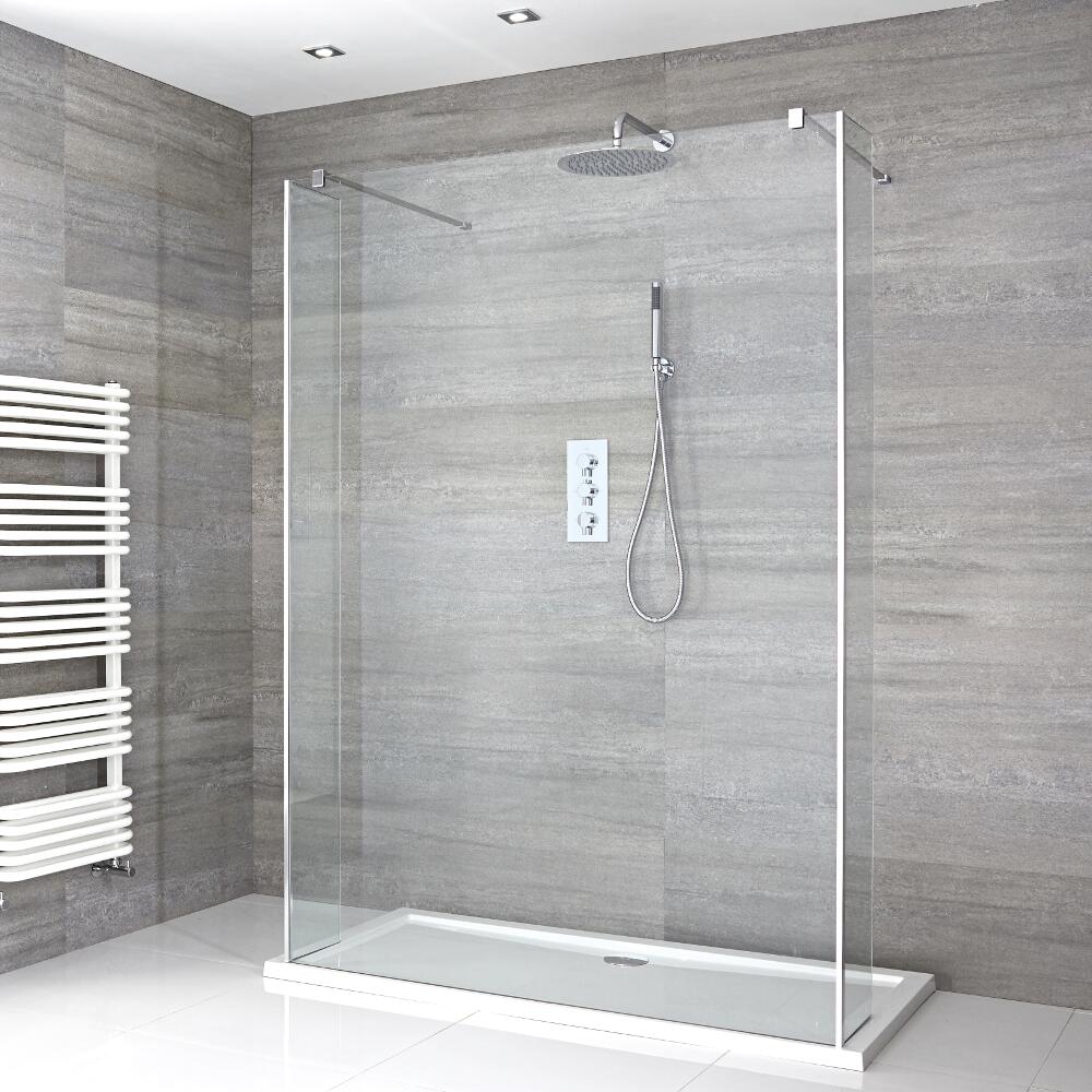 3-delige Inloopdouche Combi 2 Stabilisatiestangen Chroom & Pearlstone Douchebak 100 x 90cm