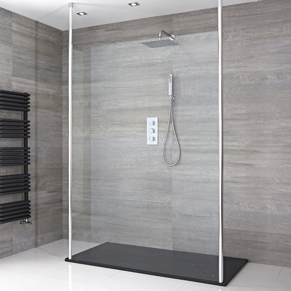 Douchewand 195 x 140cm Bevestigingspaal x 2 Chroom en Kunststeen Douchebak 140 x 90cm