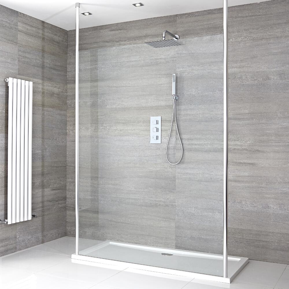 Douchewand 195 x 120cm Bevestigingspaal x 2 Chroom en Pearlstone Douchebak 120 x 80cm