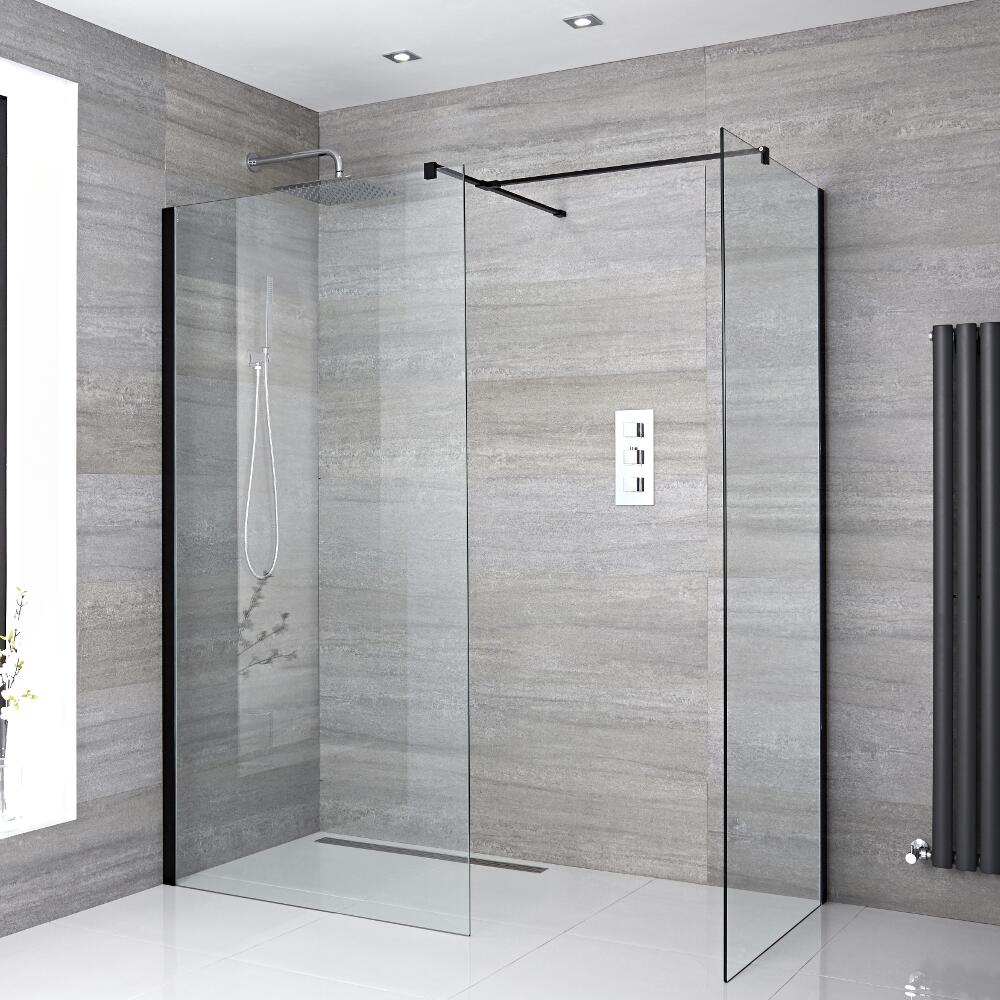 2 x Douchewanden Combi Zwart & Keus uit Douchegoot RVS 160 x 90cm