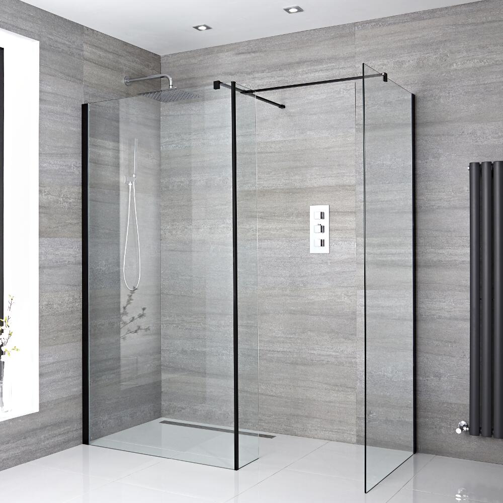 Inloopdouche Combi 195 x 25/80/100cm Stabilisatiestangen Zwart & Keuze Douchegoot RVS