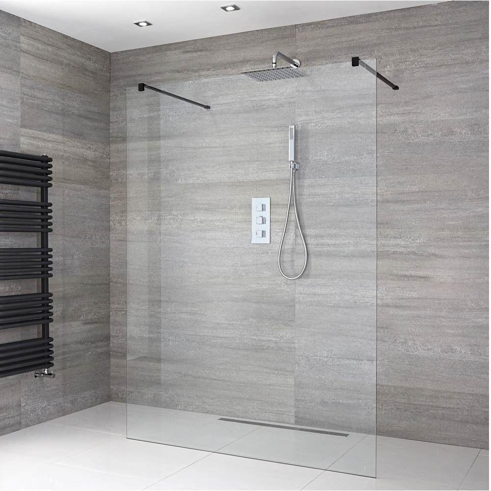 Douchewand met 2 Stabilisatiestangen Zwart & 1 Douchegoot naar keus 195 x 120 cm