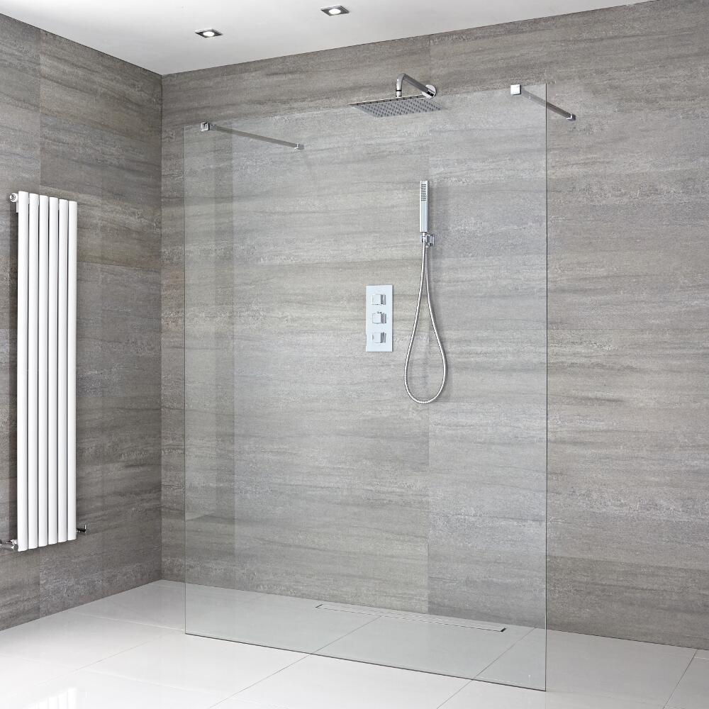 Douchewand met 2 Stabilisatiestangen Chroom & 1 Douchegoot naar keus 195 x 100 cm