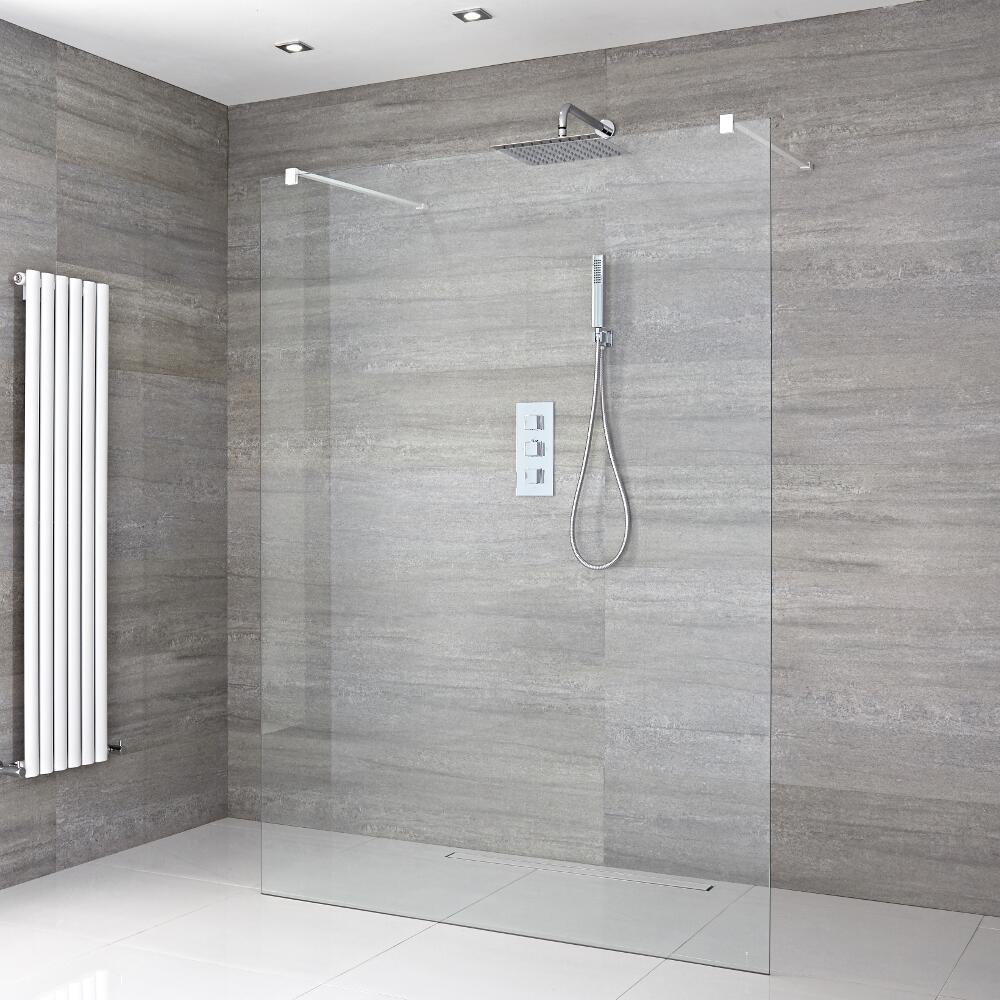 Douchewand met 2 Stabilisatiestangen Wit & 1 Douchegoot naar keus 195 x 140 cm