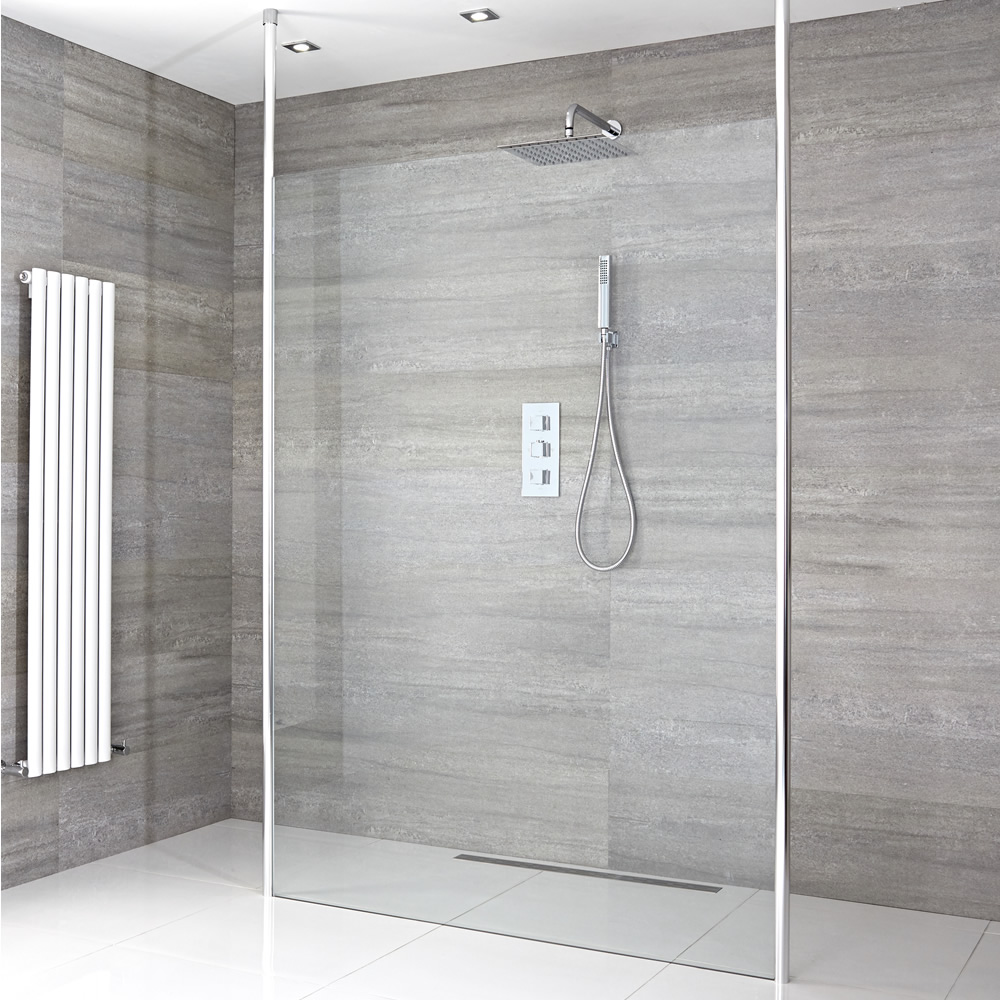 Douchewand 195 x 100cm Bevestigingspaal x 2 Chroom & Keus uit Douchegoot
