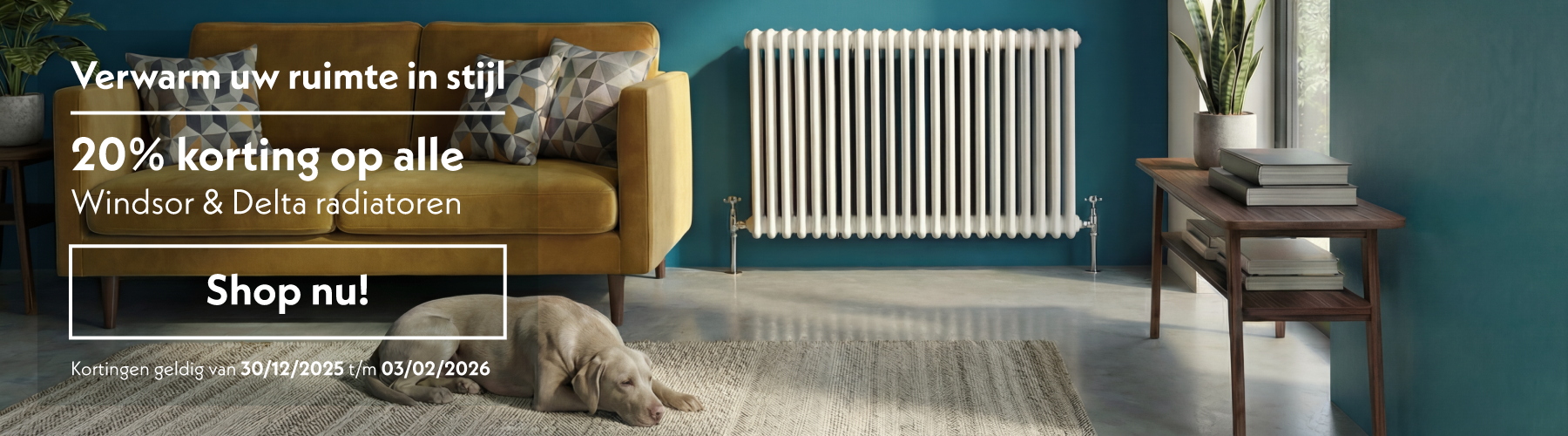 Verwarm uw ruimte in stijl  20% korting op alle Windsor & Delta radiatoren  Shop nu!  Kortingen geldig van 30/12/2025 t/m 03/02/2026